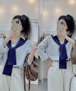Áo Sơ Mi Dài Tay Kẻ Nhỏ Kèm Khăn From Dáng Unisex Trẻ Trung Hottren