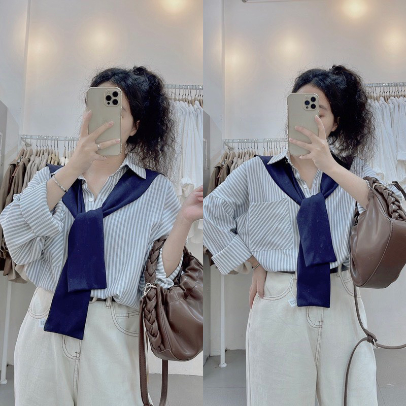 Áo Sơ Mi Dài Tay Kẻ Nhỏ Kèm Khăn From Dáng Unisex Trẻ Trung Hottren