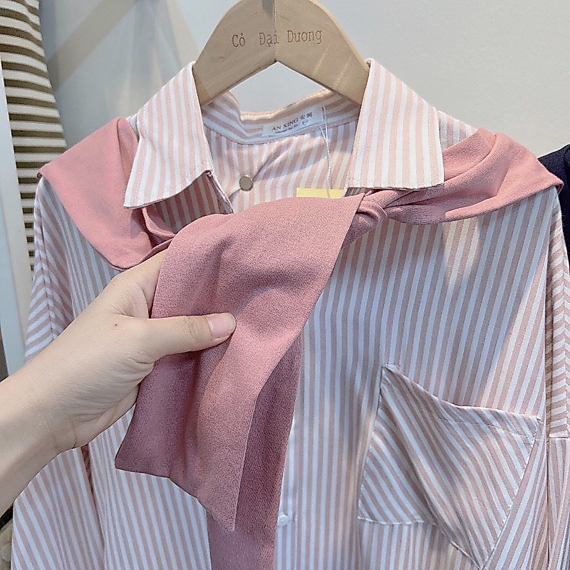 Áo Sơ Mi Dài Tay Kẻ Nhỏ Kèm Khăn From Dáng Unisex Trẻ Trung Hottren