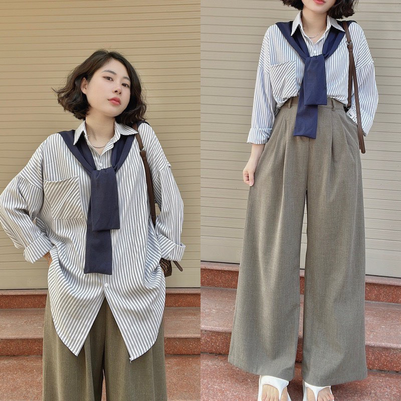 Áo Sơ Mi Dài Tay Kẻ Nhỏ Kèm Khăn From Dáng Unisex Trẻ Trung Hottren