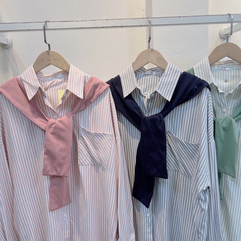 Áo Sơ Mi Dài Tay Kẻ Nhỏ Kèm Khăn From Dáng Unisex Trẻ Trung Hottren