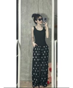 Set Áo 2 Dây Bản To Chất Thun Tăm Mix Quần Xuông In Chữ Phong Cách Trẻ Trung