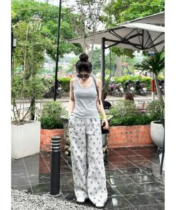 Set Áo 2 Dây Bản To Chất Thun Tăm Mix Quần Xuông In Chữ Phong Cách Trẻ Trung