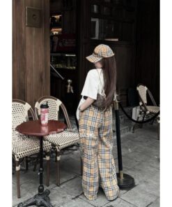 Set Bộ Áo Phông Phối Viền Cổ Mix Quần Kẻ Ống Rộng Xịn Xò Kiểu Dáng Unisex Trẻ Trung