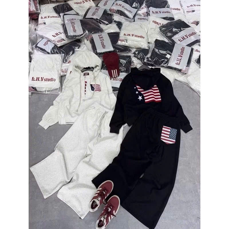 Sét Bộ Unisex Áo Khoác Zip Nỉ bông Hình Cờ Siêu Đẹp - Áo Khoác Hoodie Mix Quần Suông Form Rộng Boxy Nam Nữ Đủ Mẫu Hot