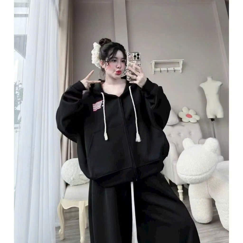 Sét Bộ Unisex Áo Khoác Zip Nỉ bông Hình Cờ Siêu Đẹp - Áo Khoác Hoodie Mix Quần Suông Form Rộng Boxy Nam Nữ Đủ Mẫu Hot