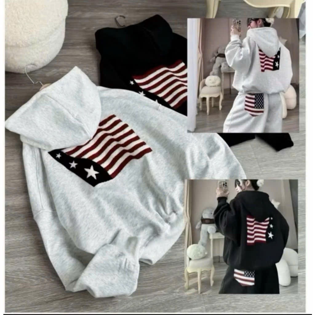 Sét Bộ Unisex Áo Khoác Zip Nỉ bông Hình Cờ Siêu Đẹp - Áo Khoác Hoodie Mix Quần Suông Form Rộng Boxy Nam Nữ Đủ Mẫu Hot