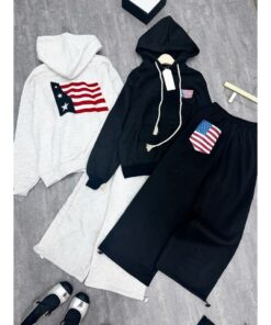 Sét Bộ Unisex Áo Khoác Zip Nỉ bông Hình Cờ Siêu Đẹp - Áo Khoác Hoodie Mix Quần Suông Form Rộng Boxy Nam Nữ Đủ Mẫu Hot