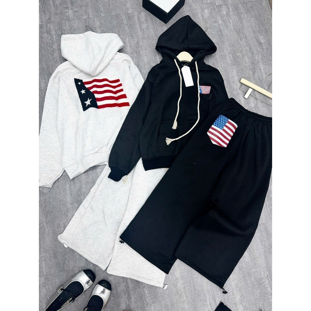 Sét Bộ Unisex Áo Khoác Zip Nỉ bông Hình Cờ Siêu Đẹp - Áo Khoác Hoodie Mix Quần Suông Form Rộng Boxy Nam Nữ Đủ Mẫu Hot