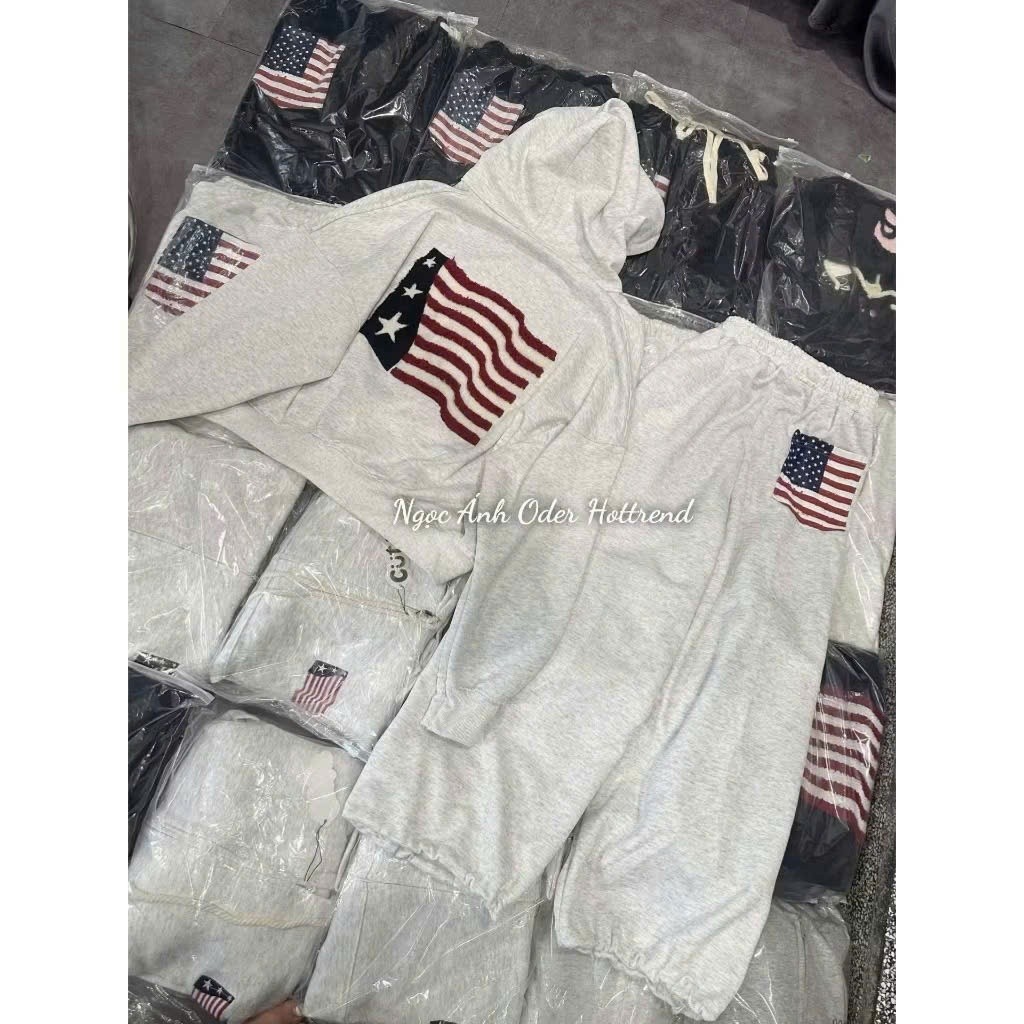 Sét Bộ Unisex Áo Khoác Zip Nỉ bông Hình Cờ Siêu Đẹp - Áo Khoác Hoodie Mix Quần Suông Form Rộng Boxy Nam Nữ Đủ Mẫu Hot