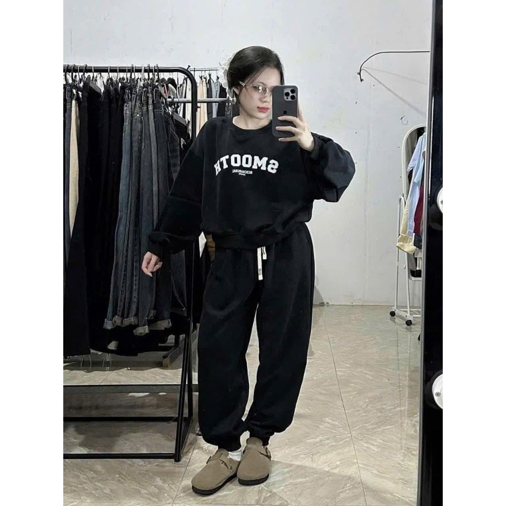 Sét Bộ Nữ, Bộ Nỉ Chữ Chất Nỉ Bông Cotton Mềm Mại Dáng Áo Thụng Kèm Quần Chun Gấu Trẻ Trung Kiểu Dáng Hàn Quốc