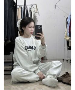 Sét Bộ Nữ, Bộ Nỉ Chữ Chất Nỉ Bông Cotton Mềm Mại Dáng Áo Thụng Kèm Quần Chun Gấu Trẻ Trung Kiểu Dáng Hàn Quốc
