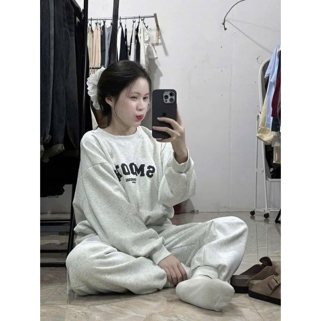 Sét Bộ Nữ, Bộ Nỉ Chữ Chất Nỉ Bông Cotton Mềm Mại Dáng Áo Thụng Kèm Quần Chun Gấu Trẻ Trung Kiểu Dáng Hàn Quốc