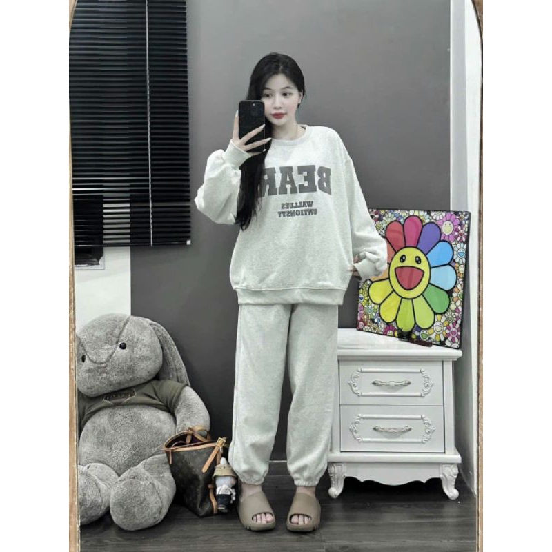 Sét Bộ Nữ, Bộ Nỉ Chữ Chất Nỉ Bông Cotton Mềm Mại Dáng Áo Thụng Kèm Quần Chun Gấu Trẻ Trung Kiểu Dáng Hàn Quốc