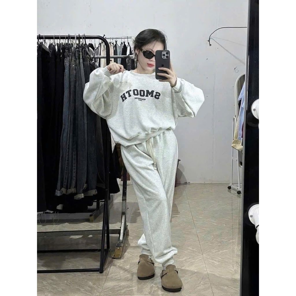 Sét Bộ Nữ, Bộ Nỉ Chữ Chất Nỉ Bông Cotton Mềm Mại Dáng Áo Thụng Kèm Quần Chun Gấu Trẻ Trung Kiểu Dáng Hàn Quốc