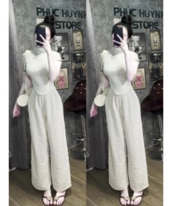 Set Áo Croptop 2 Phân Gắn Logo Mix Quần Ống Rộng Kiểu Dáng Trẻ Trung