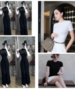 Set Áo Croptop 2 Phân Gắn Logo Mix Quần Ống Rộng Kiểu Dáng Trẻ Trung