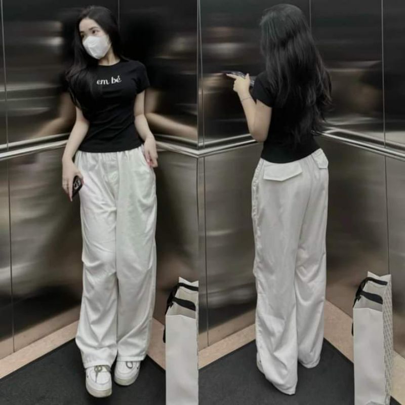 Quần Ống Rộng Túi Nắp Cạp Chun, Chất Quần Kaki Mềm Mịn sihoangngan