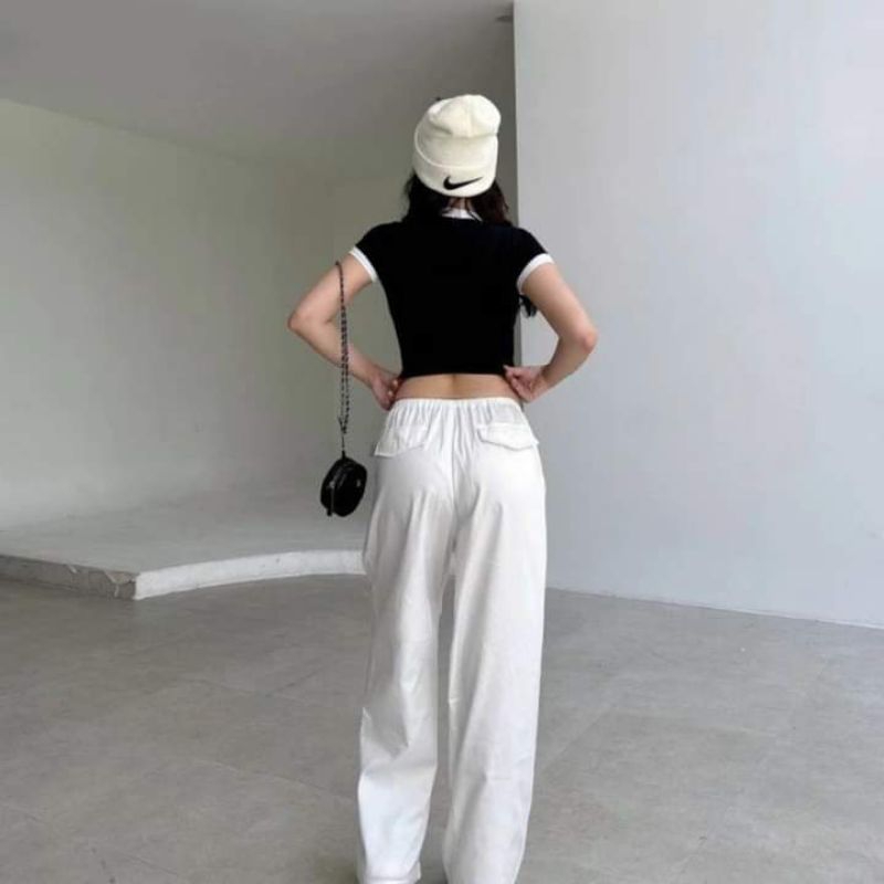 Quần Ống Rộng Túi Nắp Cạp Chun, Chất Quần Kaki Mềm Mịn sihoangngan