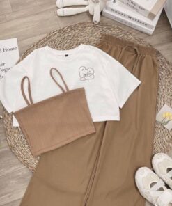 Set Croptop 3 Món Quần Chun Suông, Chất Cotton Xinh